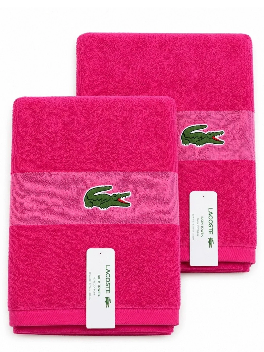 Lacoste 2 Pack Bath Towel Cotton Loops Colorblocked Magenta Pink 30x52” OEKO-TEX